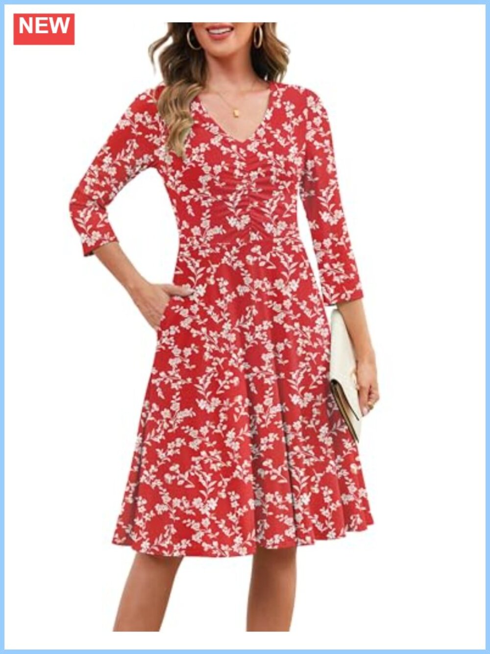 Womens Floral Midi Dress 3/4 Sleeve V Neck Ruched A-Line with Pockets